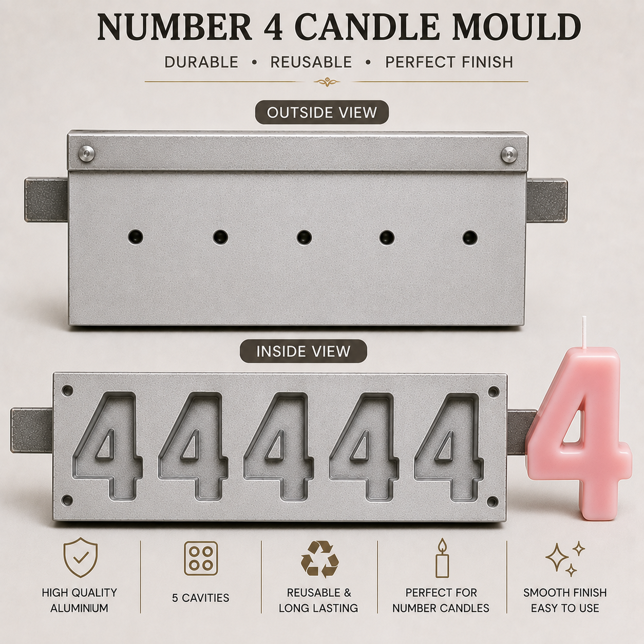 5 Cavity Number Candle Mould (0-9) | Aluminium Candle Making Mould | Reusable