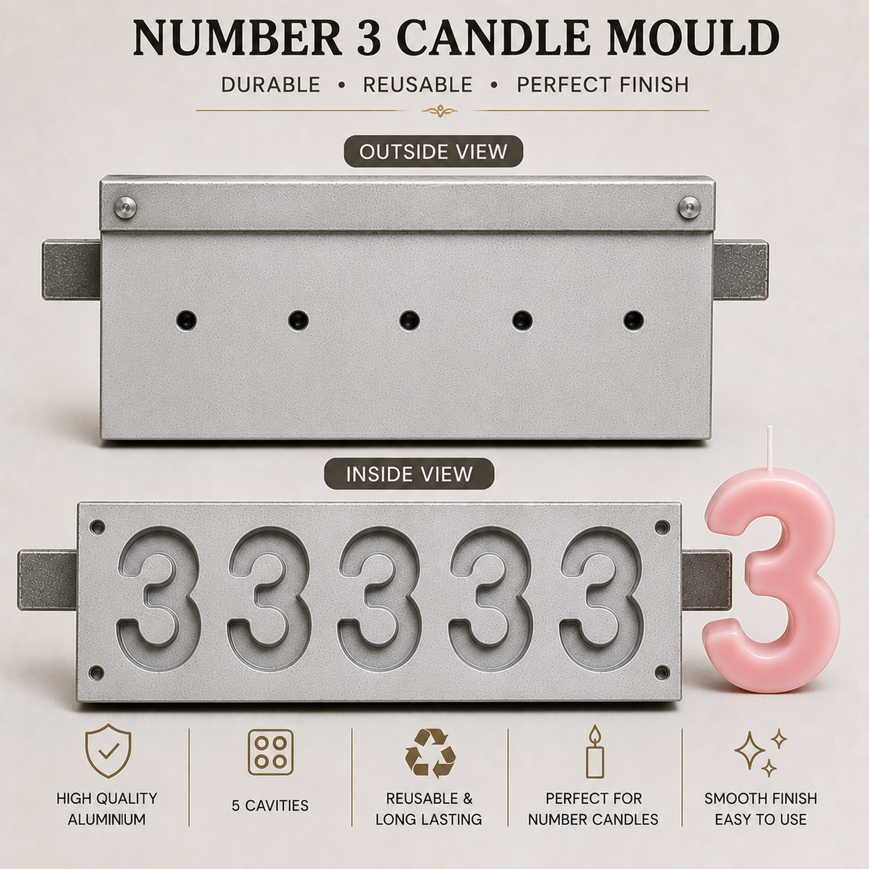 5 Cavity Number Candle Mould (0-9) | Aluminium Candle Making Mould | Reusable