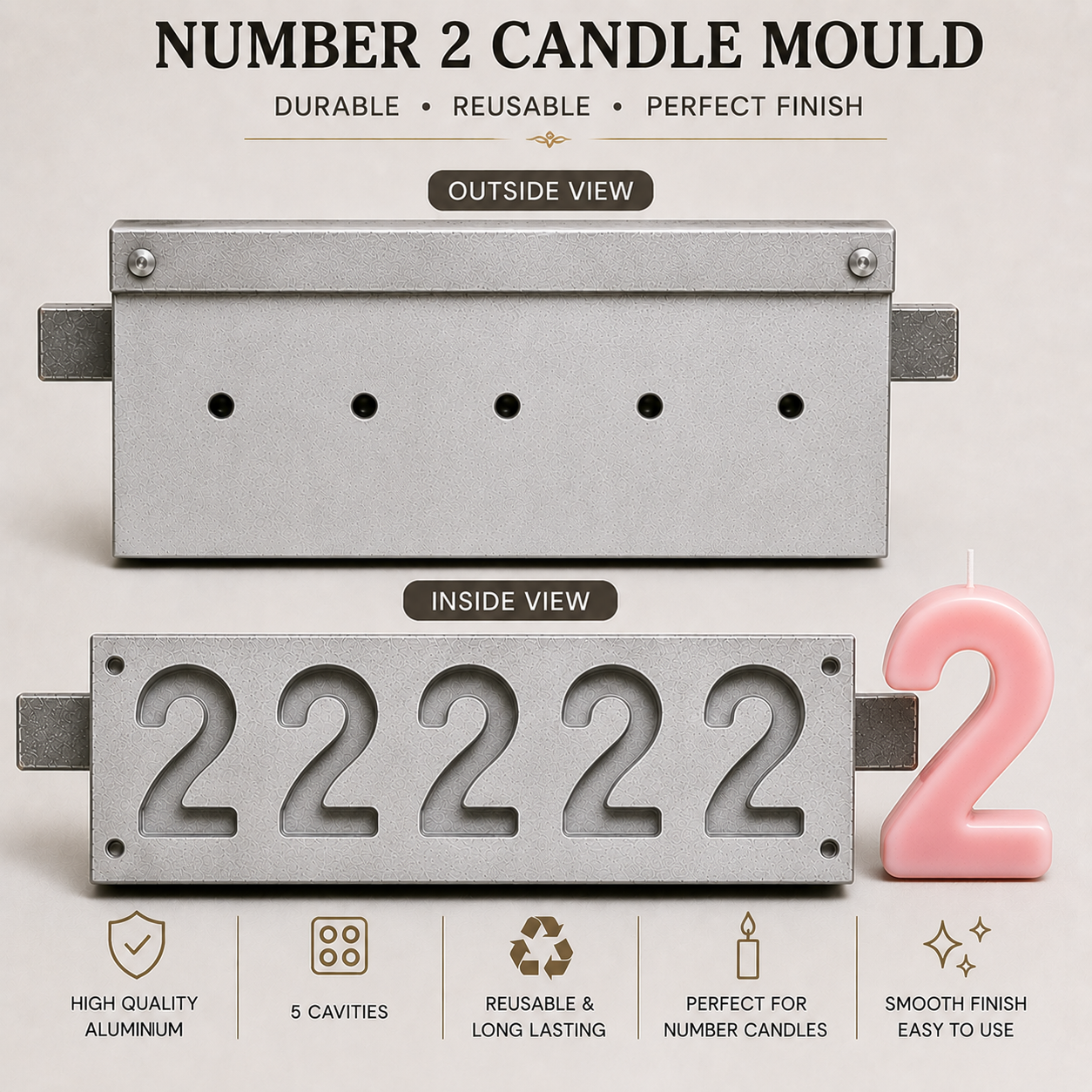 5 Cavity Number Candle Mould (0-9) | Aluminium Candle Making Mould | Reusable