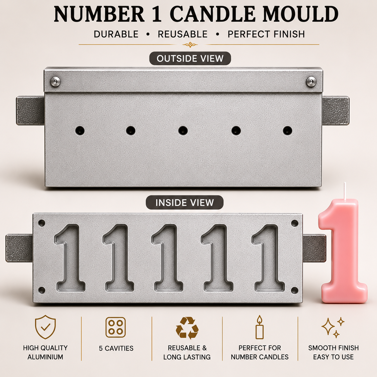 5 Cavity Number Candle Mould (0-9) | Aluminium Candle Making Mould | Reusable