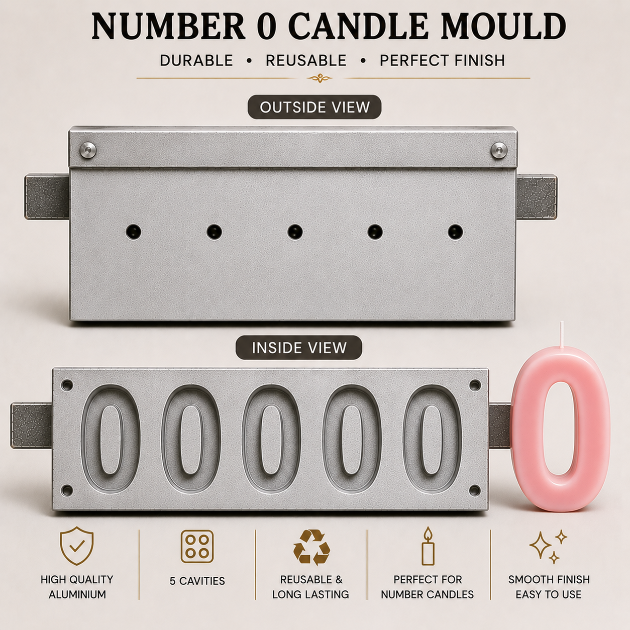 5 Cavity Number Candle Mould (0-9) | Aluminium Candle Making Mould | Reusable