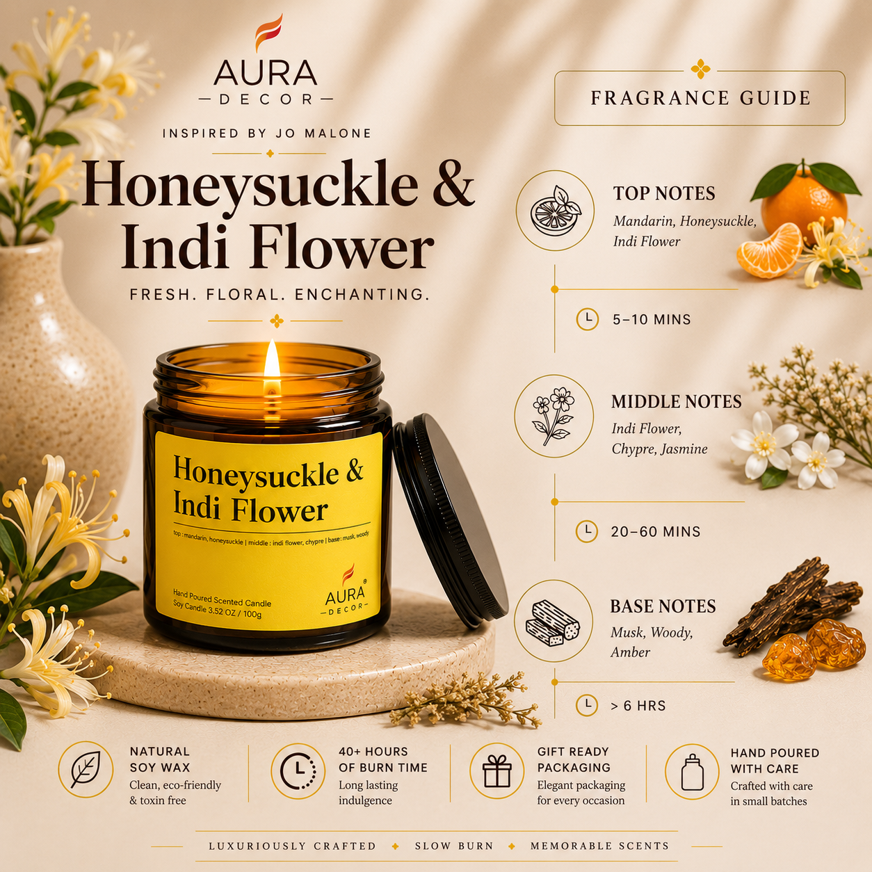 AuraDecor Amber Jar 100gm , Soya Wax Jar Candle , Premium Fragrances