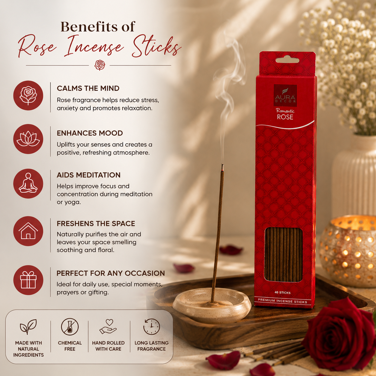 AuraDecor Premium Incense Sticks (40 Sticks) – Long Lasting Natural Fragrance
