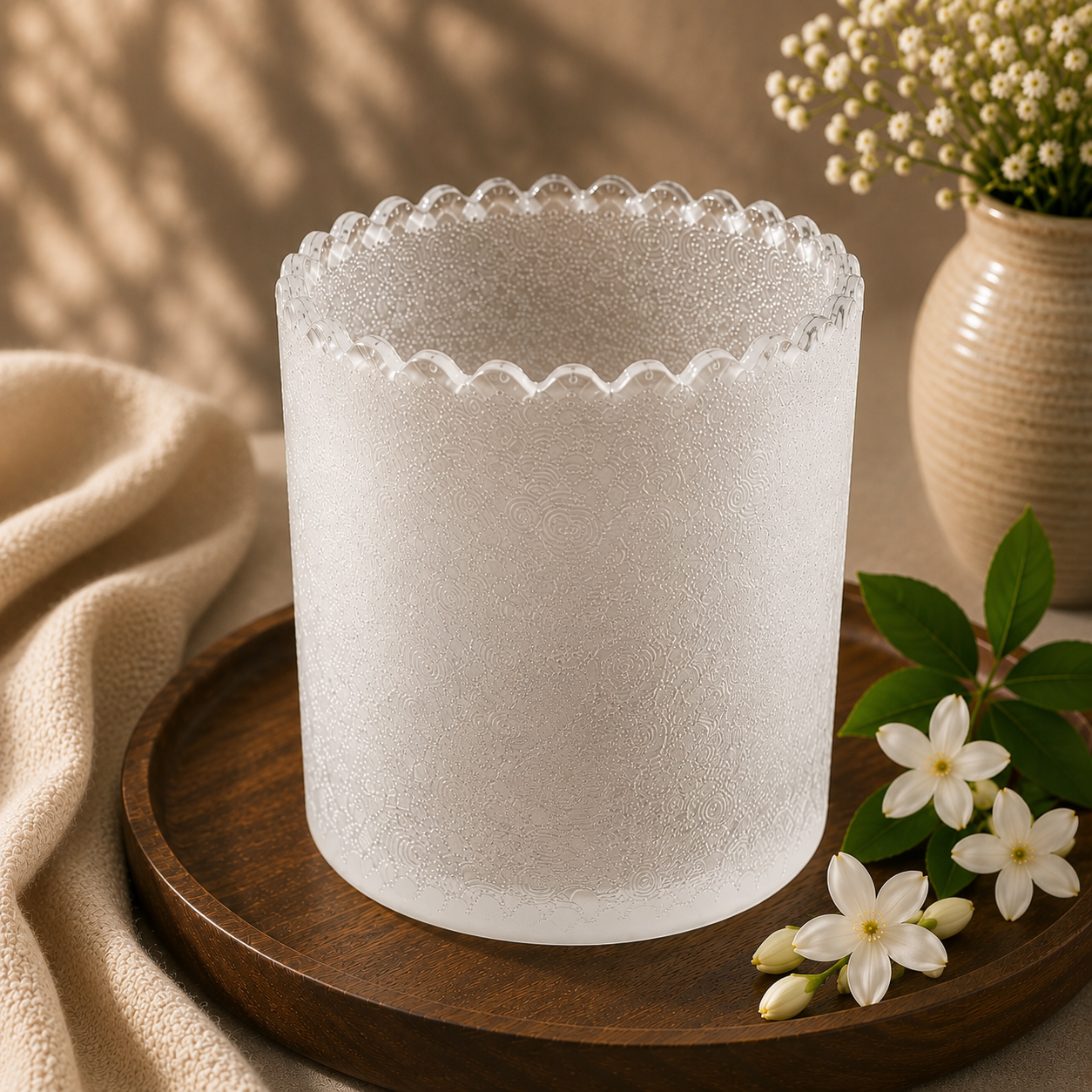 AuraDecor Empty Embossed Glass Jar – Scalloped Rim