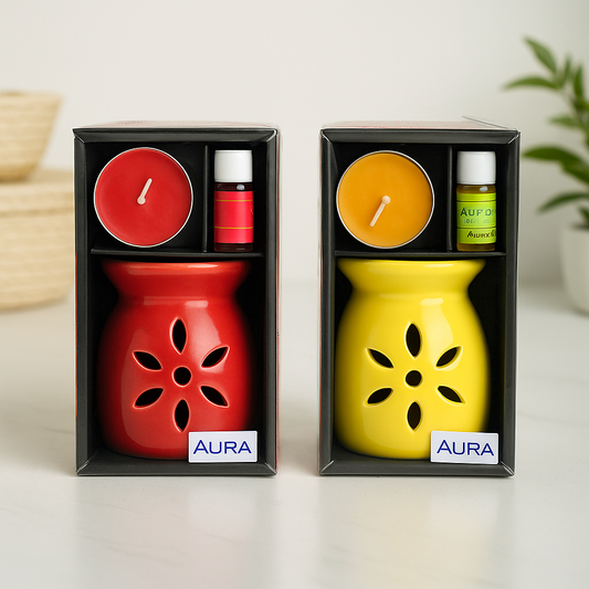 AuraDecor Set of 2 Assorted  Aroma Oil Burner with Tealights & 5 ml Aroma Oil