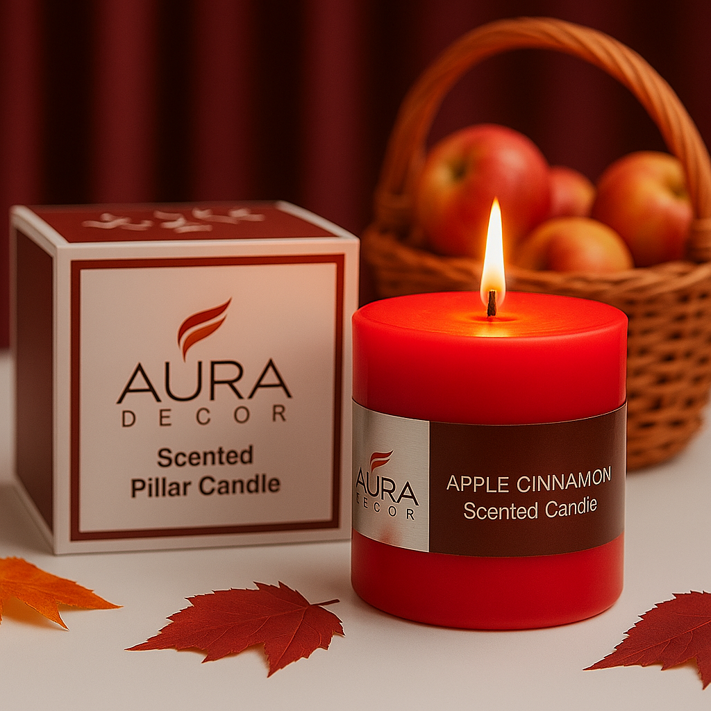 Bulk Buy AuraDecor Apple Cinnamon Fragrance Pillar Candle (Master pack of 50)
