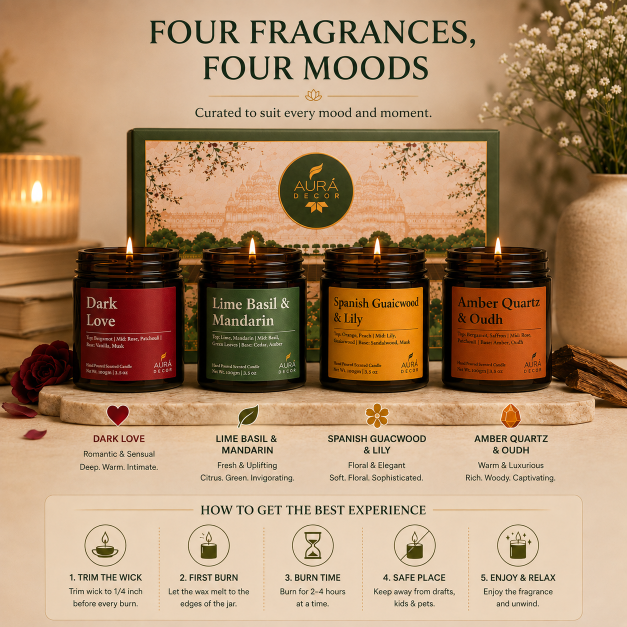 AuraDecor Premium Amber Jar Scented Candle Set of 4 Gift Set in 2 Variants