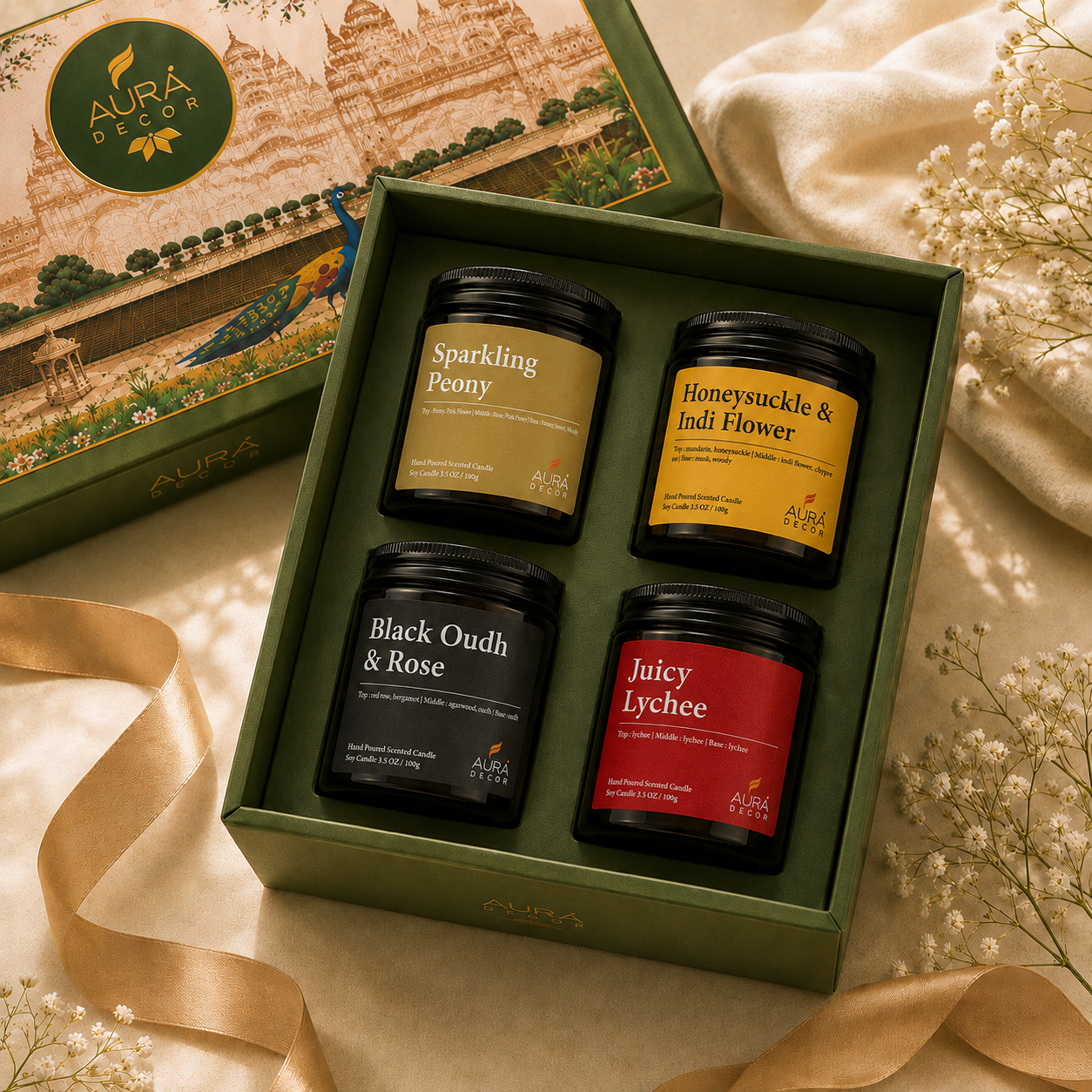 AuraDecor Premium Amber Jar Scented Candle Set of 4 Gift Set in 2 Variants