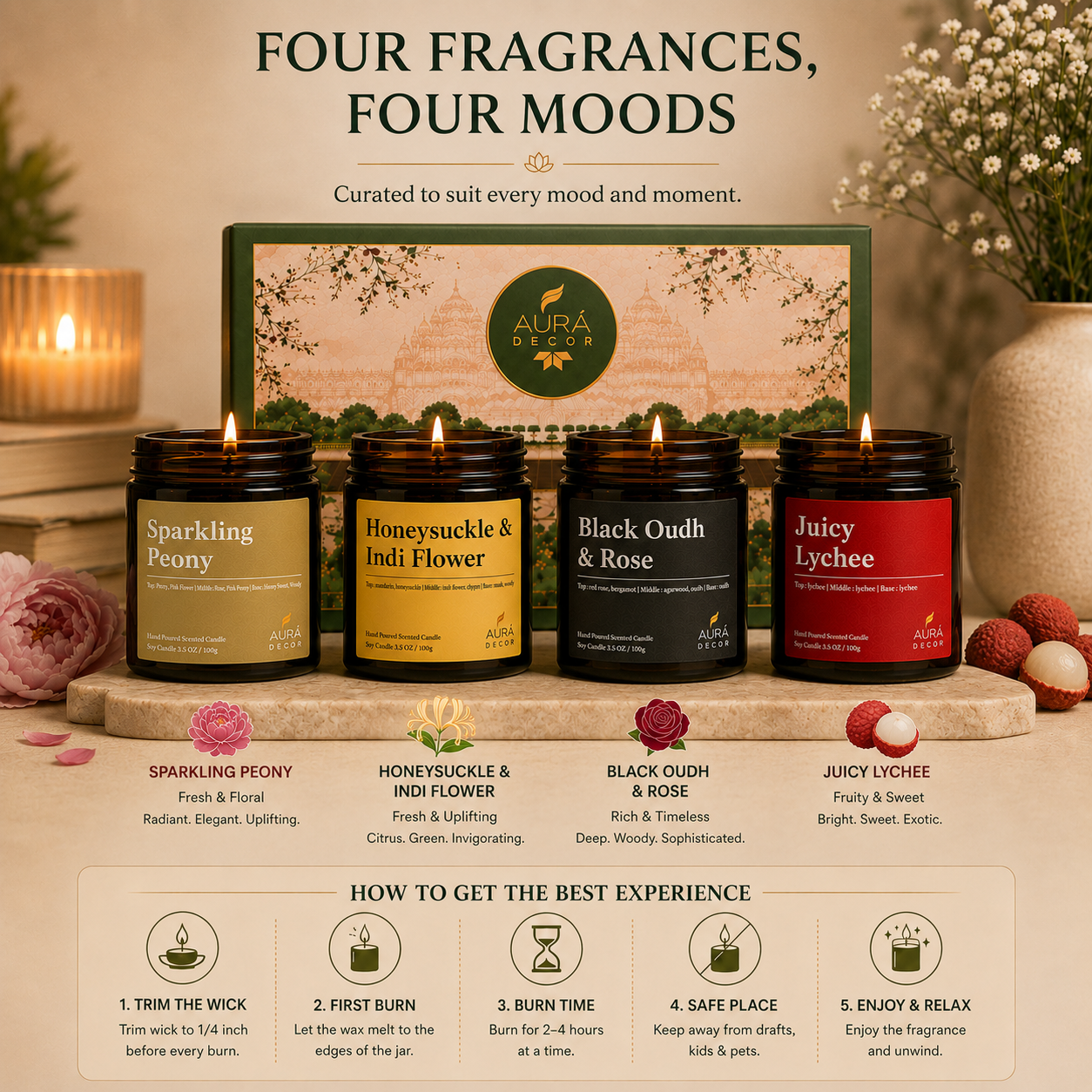 AuraDecor Premium Amber Jar Scented Candle Set of 4 Gift Set in 2 Variants