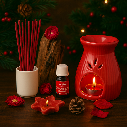 AuraDecor Aroma Diffuser Gift Set with Incense Sticks & Floating Candles ( Red , English Rose ) GS-15