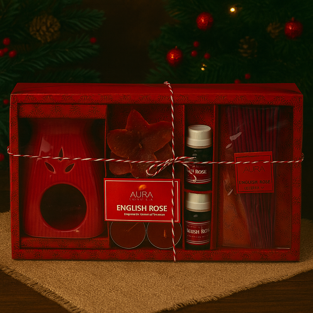 AuraDecor Aroma Diffuser Gift Set with Incense Sticks & Floating Candles ( Red , English Rose ) GS-15