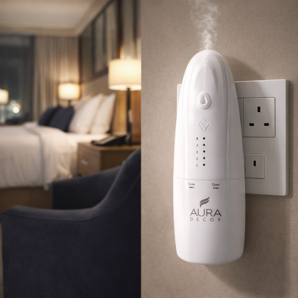 WhiteAura Decor humidifier attached to a wall socket in a bedroom setting.