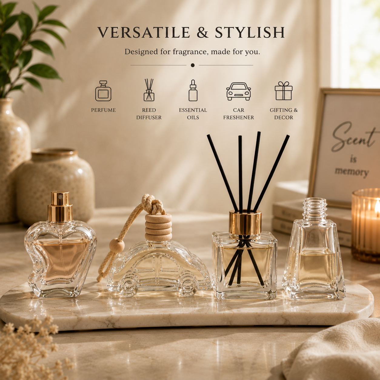 Bulk Buy Auradecor Empty Glass Bottles for Perfume, Reed Diffuser & Essential Oils | Multiple Shapes Available