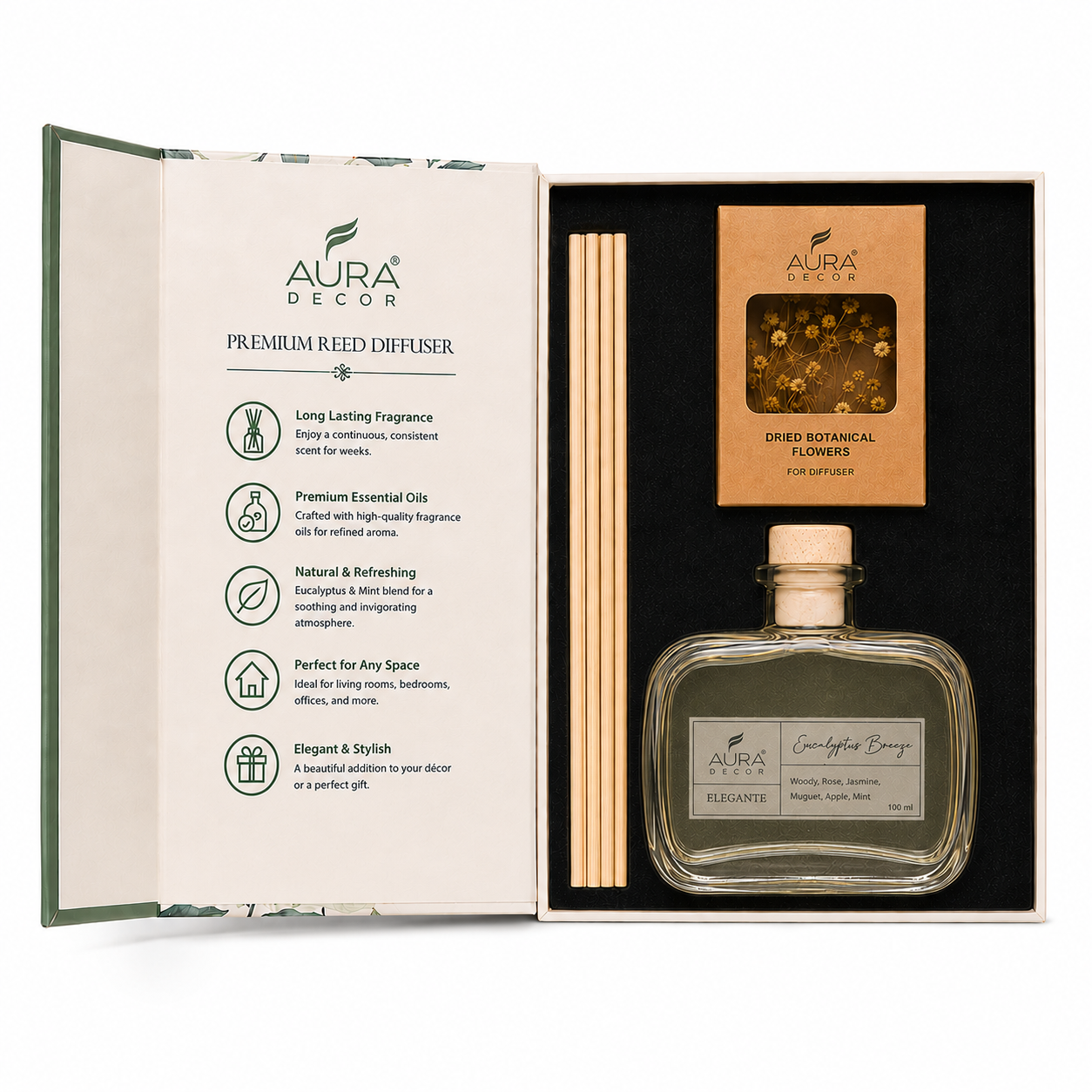 AuraDecor Elegante Reed Diffuser Gift Set | Premium Home Fragrance with Dried Flowers | 100 ml