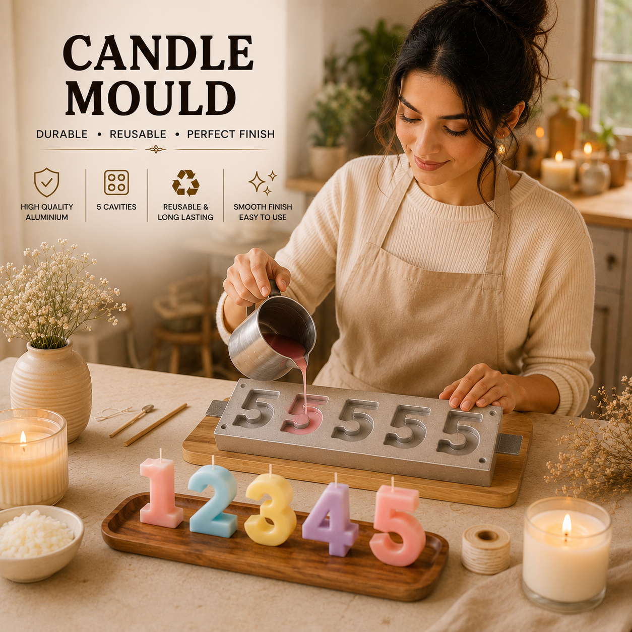 5 Cavity Number Candle Mould (0-9) | Aluminium Candle Making Mould | Reusable