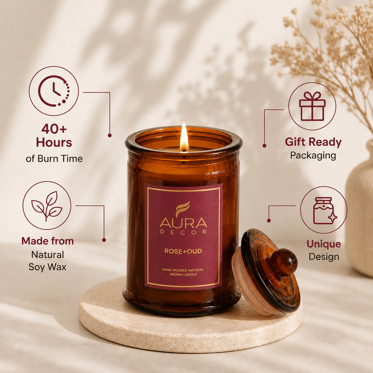 Bulk Buy AuraDecor Scented Tomb Lid Jar Candle (Master box 20pcs) || Amber jar || Gift Set ||
