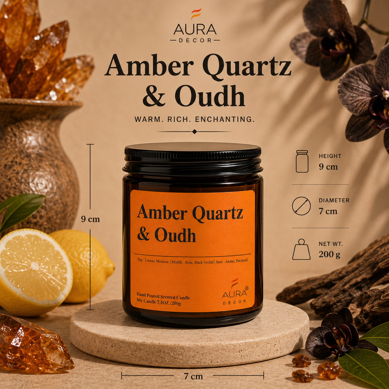 AuraDecor Amber Jar 200gm, Soya Wax Jar Candle