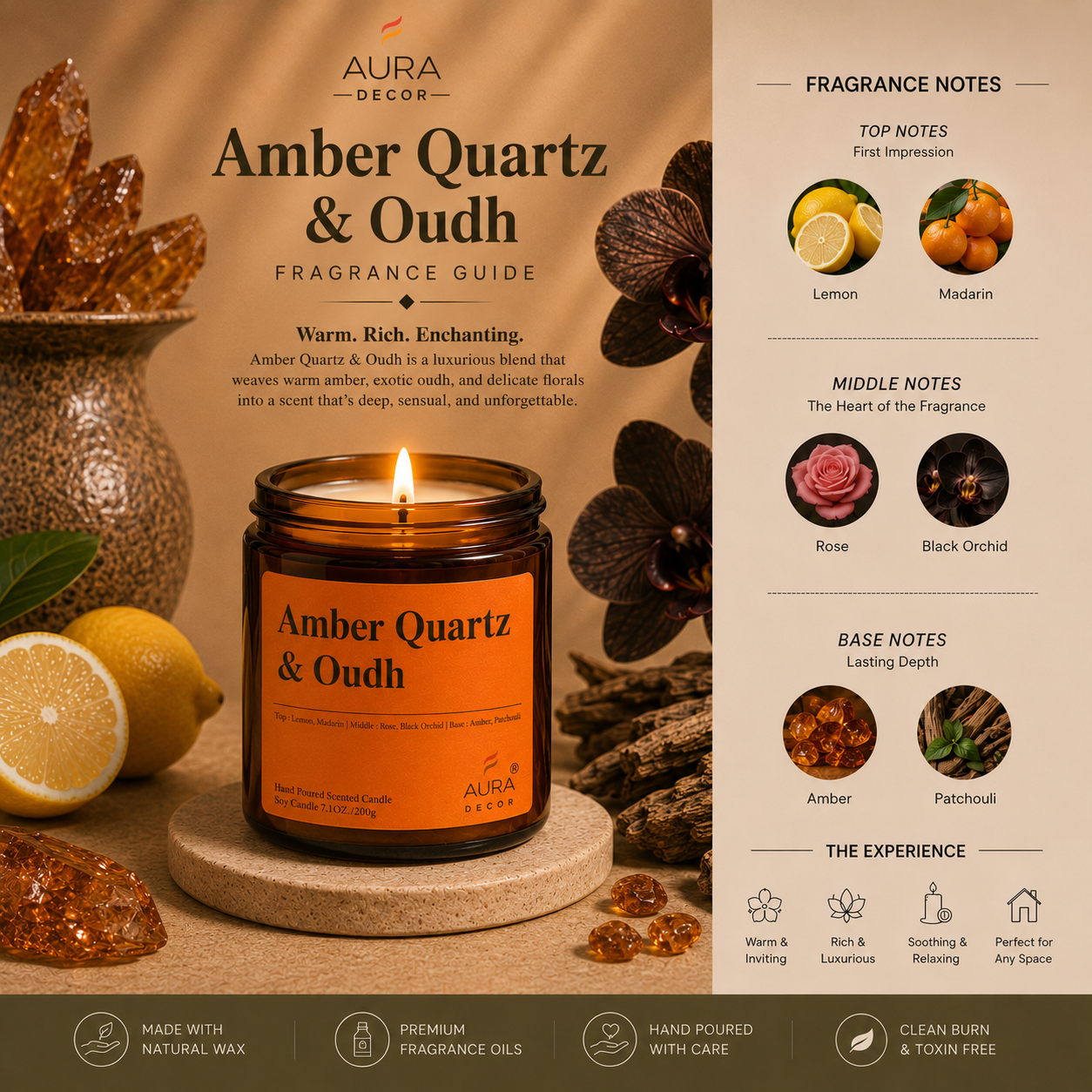 AuraDecor Amber Jar 200gm, Soya Wax Jar Candle
