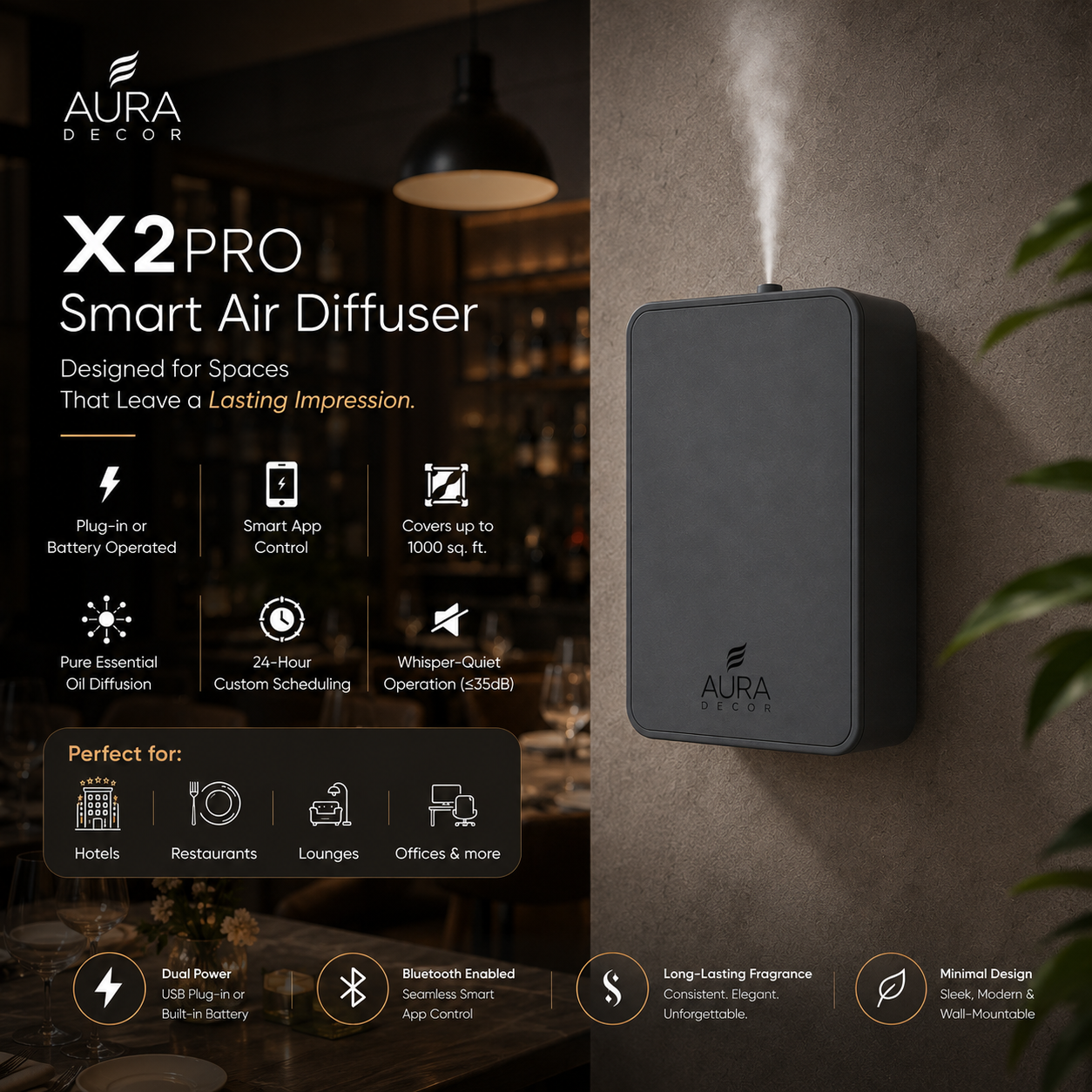 AuraDecor X2Pro Air Diffuser Bluetooth , Battery & USB both Enabled