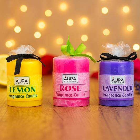 AuraDecor Set of 3 Fragrance Pillar Candle 2.5 *2.5 Inch Each ( Lemon, Rose, Lavender )