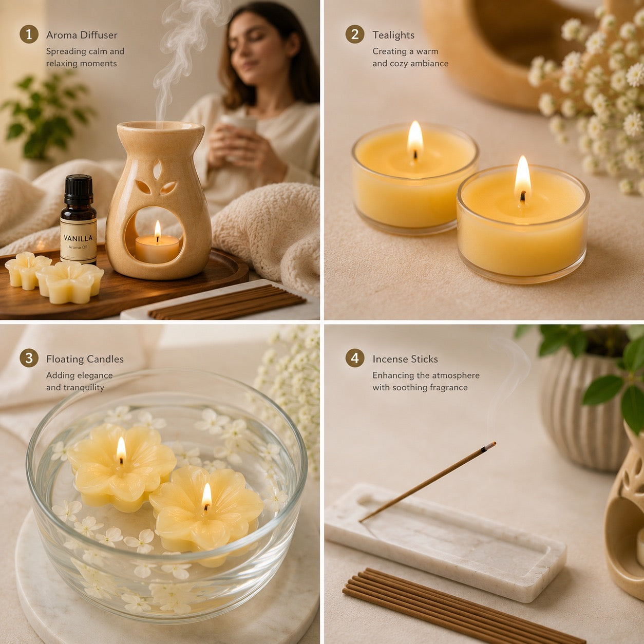 AuraDecor Premium Aroma Gift Set - 15 with Ceramic Diffuser Burner, Vanilla Aroma Oil, Tealight Candles, Floating Candles, Incense Sticks(Vanilla)