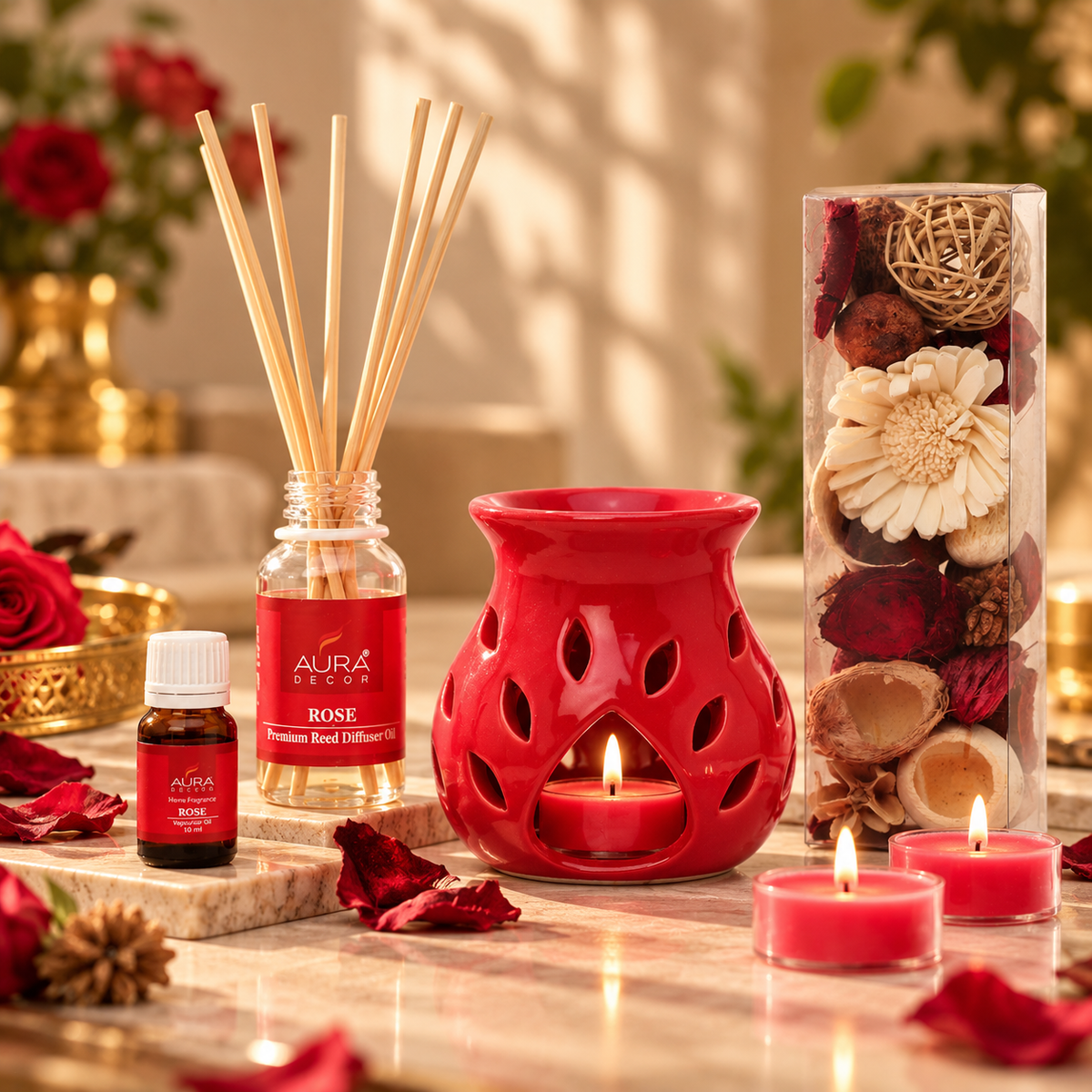 AuraDecor Aromatherapy Giftset Rose (aroma diffuser, reed diffuser, potpourri & tealights) (GS-18)