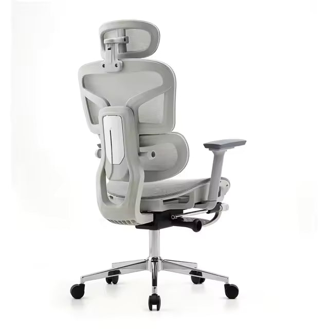 Gray office chair with adjustable headrest and armrests on a white background