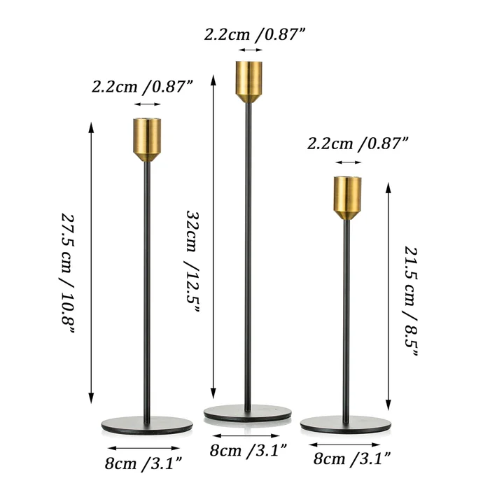 Candlestick Holders Set of 3, Taper Metal Long Candle Holders Fits (8.6/11/13'' Tall)