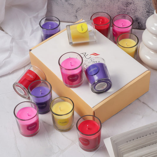 AuraDecor Set of 12 Fragrance Votive Glass Candles || Burn Upto 12 Hour