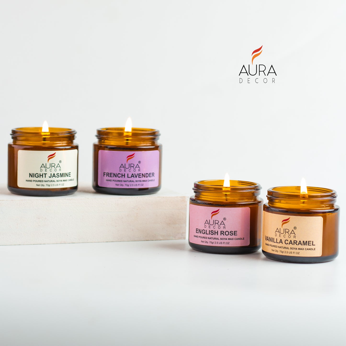 AuraDecor Set of 4 Amber Jars ( English Rose, Vanilla Caramel, Night Jasmine, French Lavender )