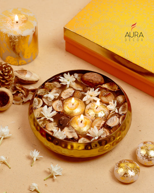 Bulk Buy AuraDecor Urli Gift Set with Floating Candles & Potpourri in a Gift Box ( MOQ 16 Pcs )