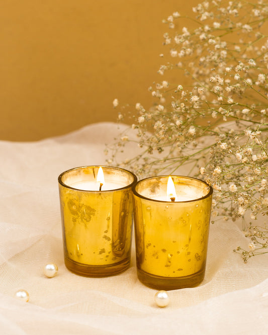 Bulk Buy AuraDecor Golden Mercury Votive Glass Candle Jasmine Fragrance Set of 2 (MOQ 20 Sets)