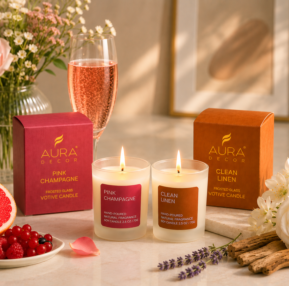Bulk Buy AuraDecor Frosted Glass Premium Scented Candle Set of 2 (Master pack of 50 sets)