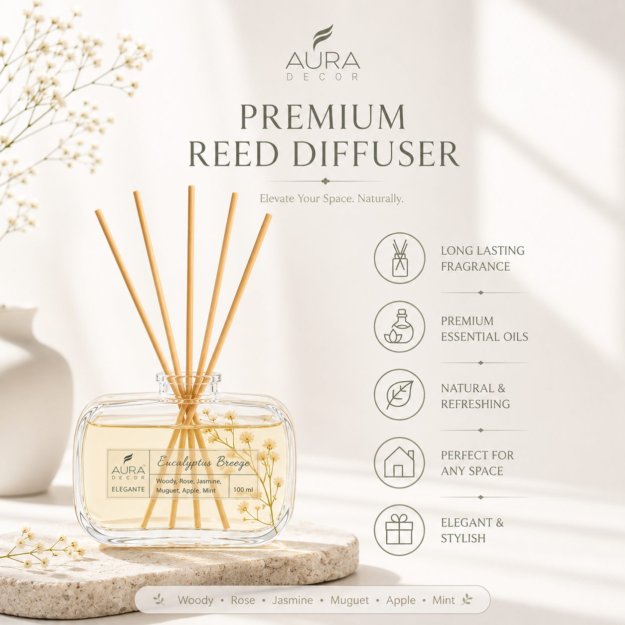 AuraDecor Elegante Reed Diffuser Gift Set | Premium Home Fragrance with Dried Flowers | 100 ml