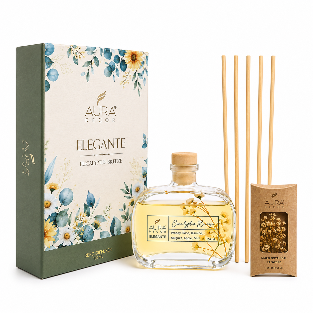 AuraDecor Elegante Reed Diffuser Gift Set | Premium Home Fragrance with Dried Flowers | 100 ml