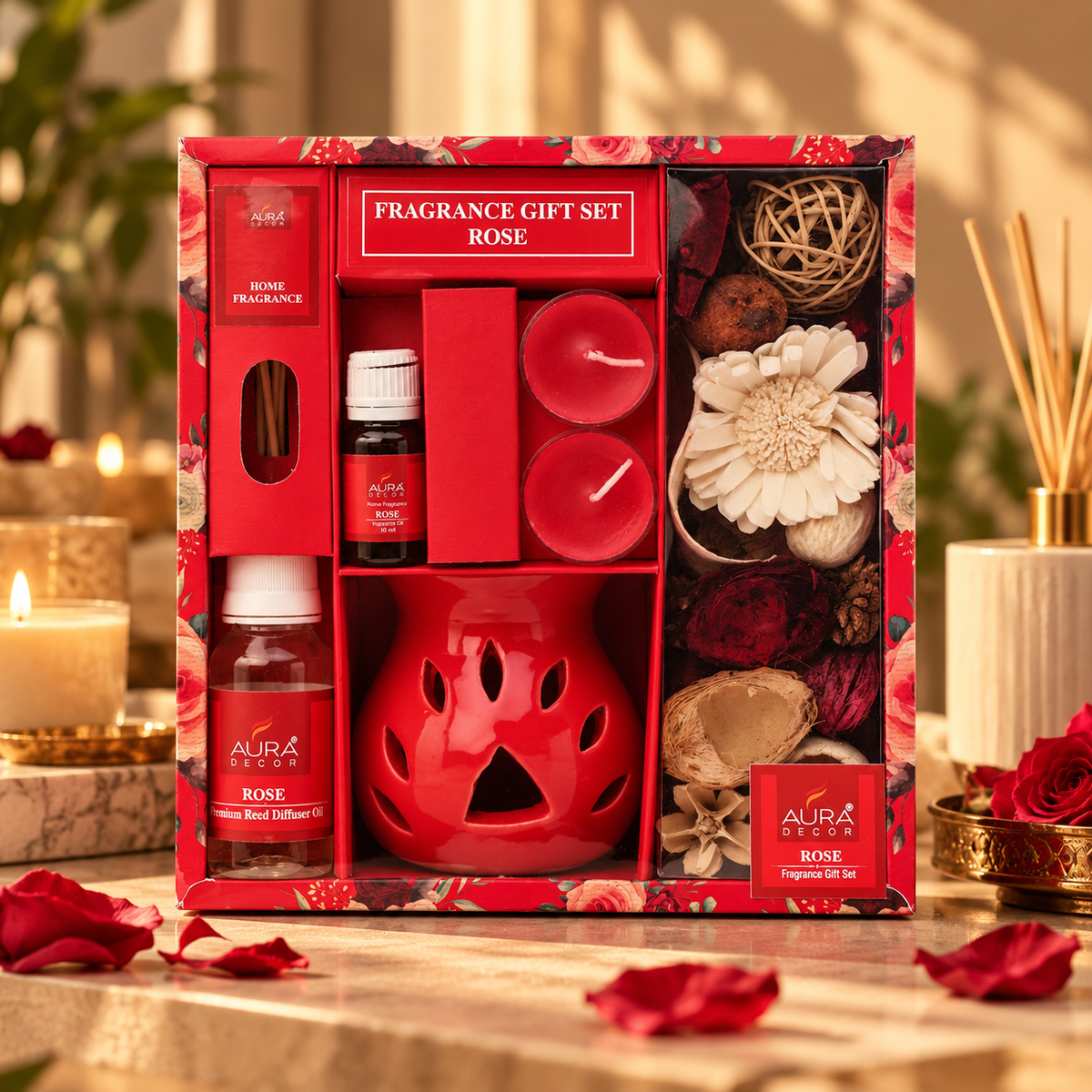 AuraDecor Aromatherapy Giftset Rose (aroma diffuser, reed diffuser, potpourri & tealights) (GS-18)