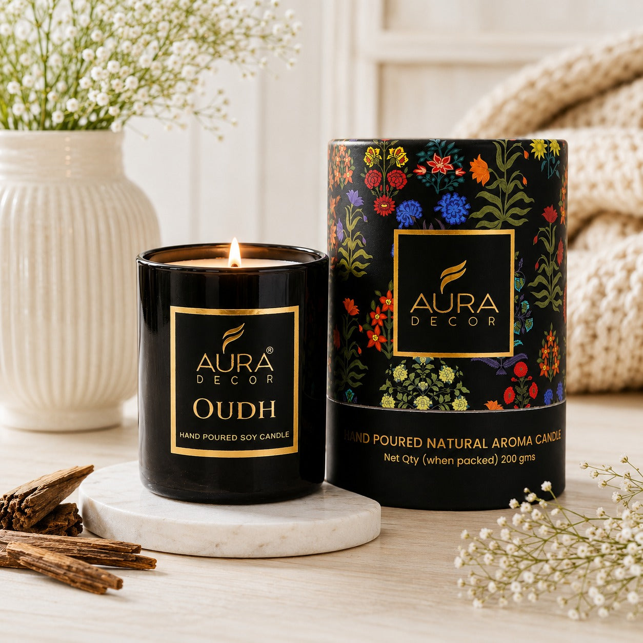 Auradecor Black lid jar candle in a Gift Box