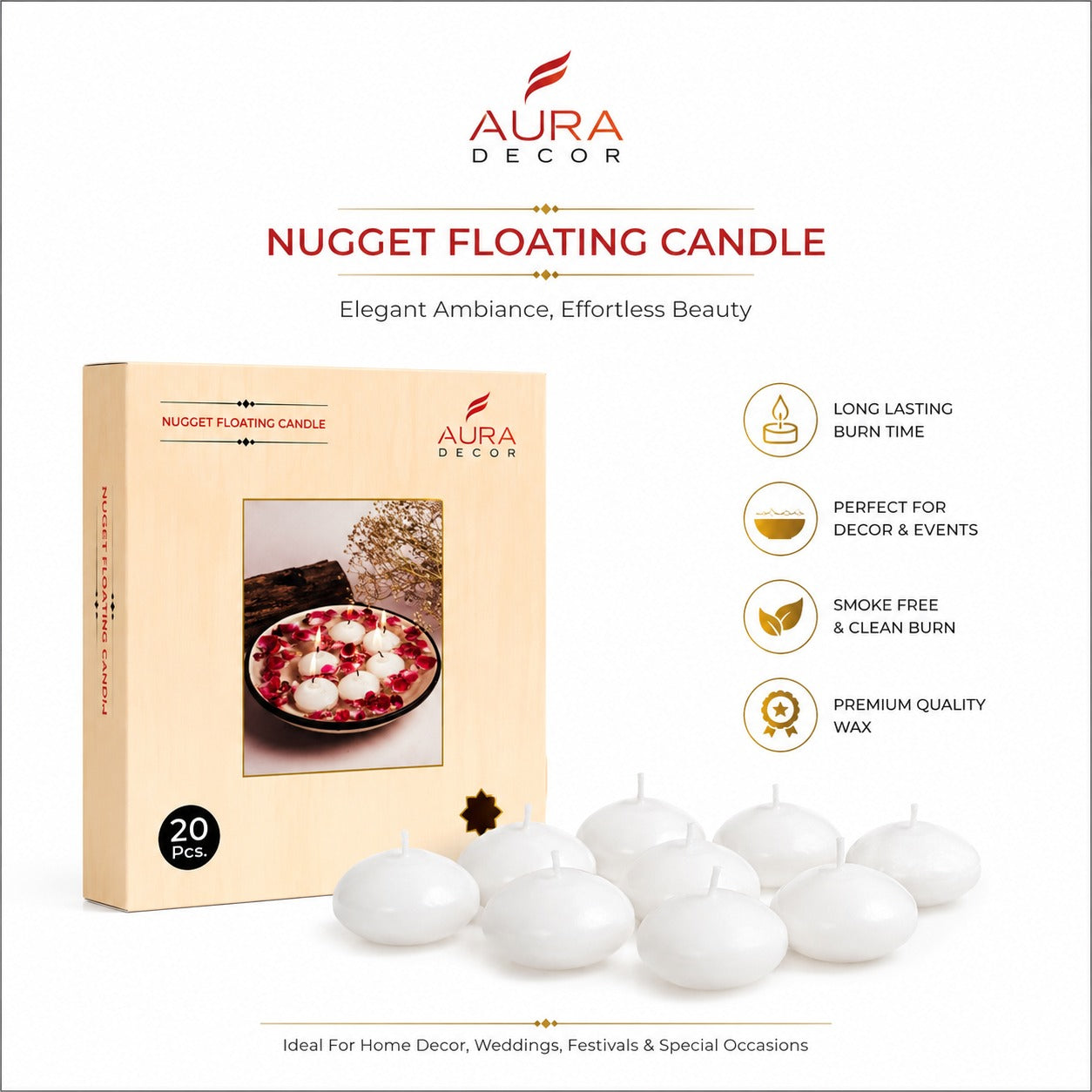 AuraDecor Bulk Buy Pack of 20 Nugget Floating Candle ( Burning Time 4 hours Each ) ( 24 Packets Master )