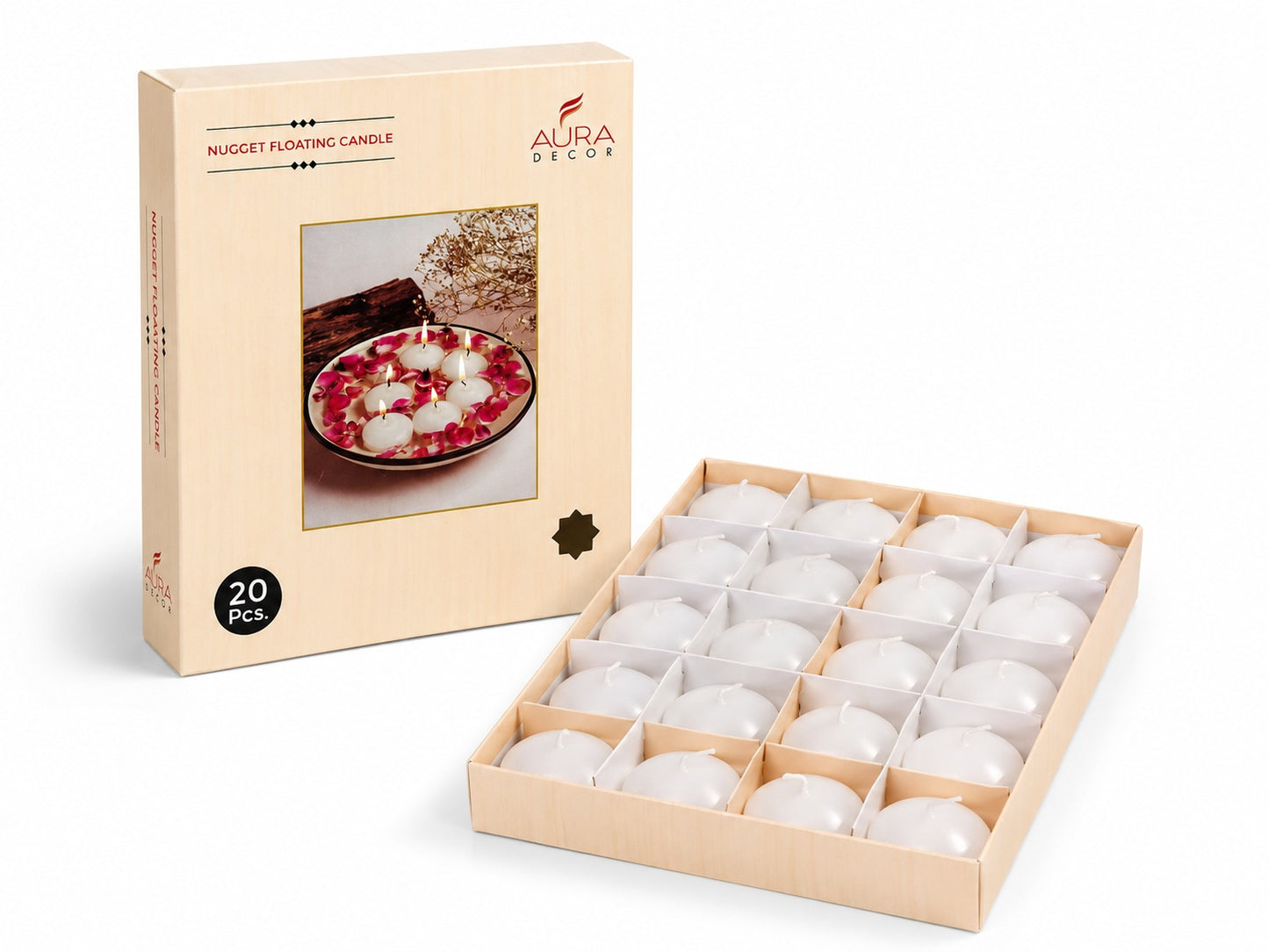 AuraDecor Bulk Buy Pack of 20 Nugget Floating Candle ( Burning Time 4 hours Each ) ( 24 Packets Master )