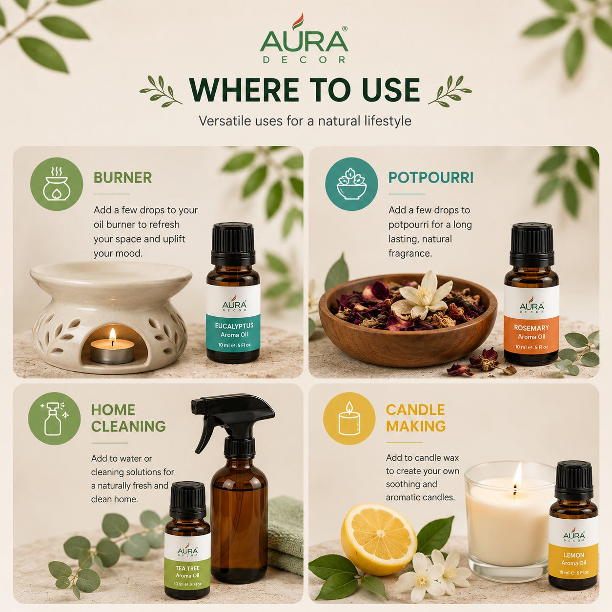 AuraDecor Set of 6 Highly Fragrance Aroma therapy Oils (10 ml Each)