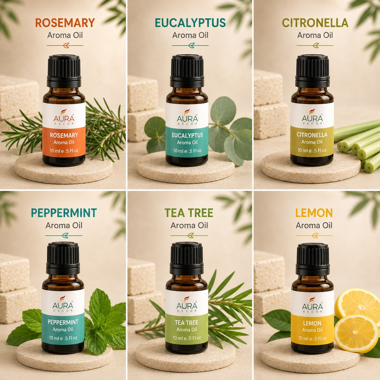 AuraDecor Set of 6 Highly Fragrance Aroma therapy Oils (10 ml Each)