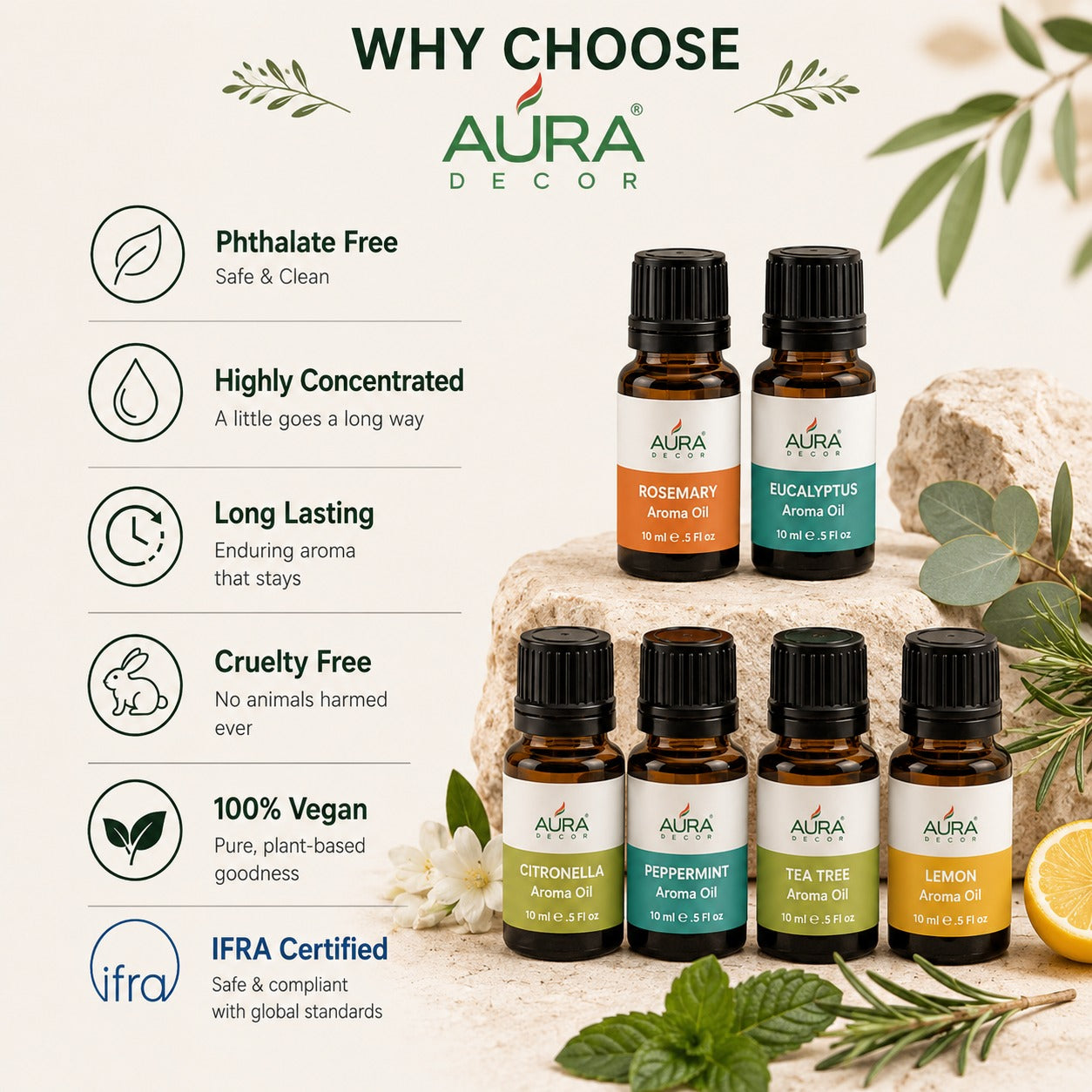 AuraDecor Set of 6 Highly Fragrance Aroma therapy Oils (10 ml Each)