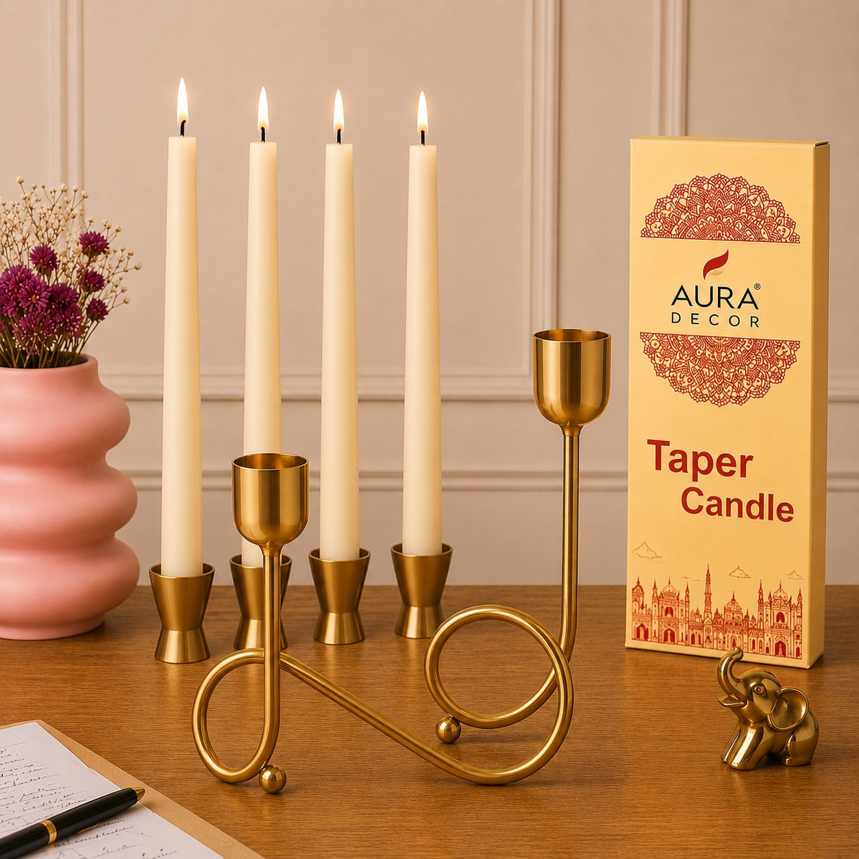 Auradecor Gold Metal Candle Stand Set with 4 Taper Candles