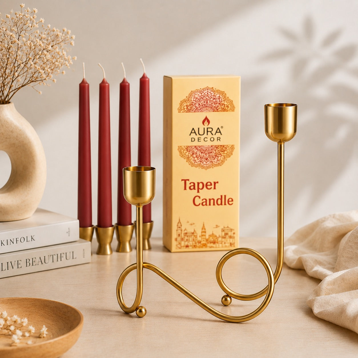 Auradecor Gold Metal Candle Stand Set with 4 Taper Candles