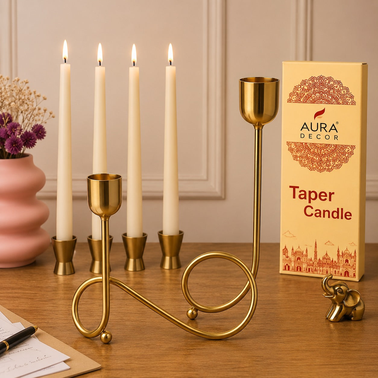 Auradecor Gold Metal Candle Stand Set with 4 Taper Candles