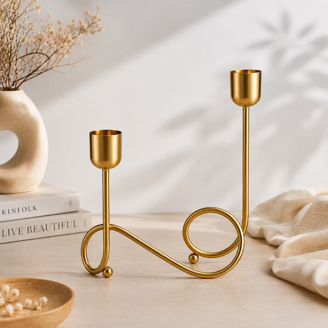 Auradecor Gold Metal Candle Stand Set with 4 Taper Candles