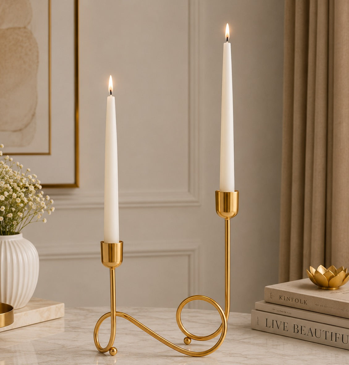 Auradecor Gold Metal Candle Stand Set with 4 Taper Candles