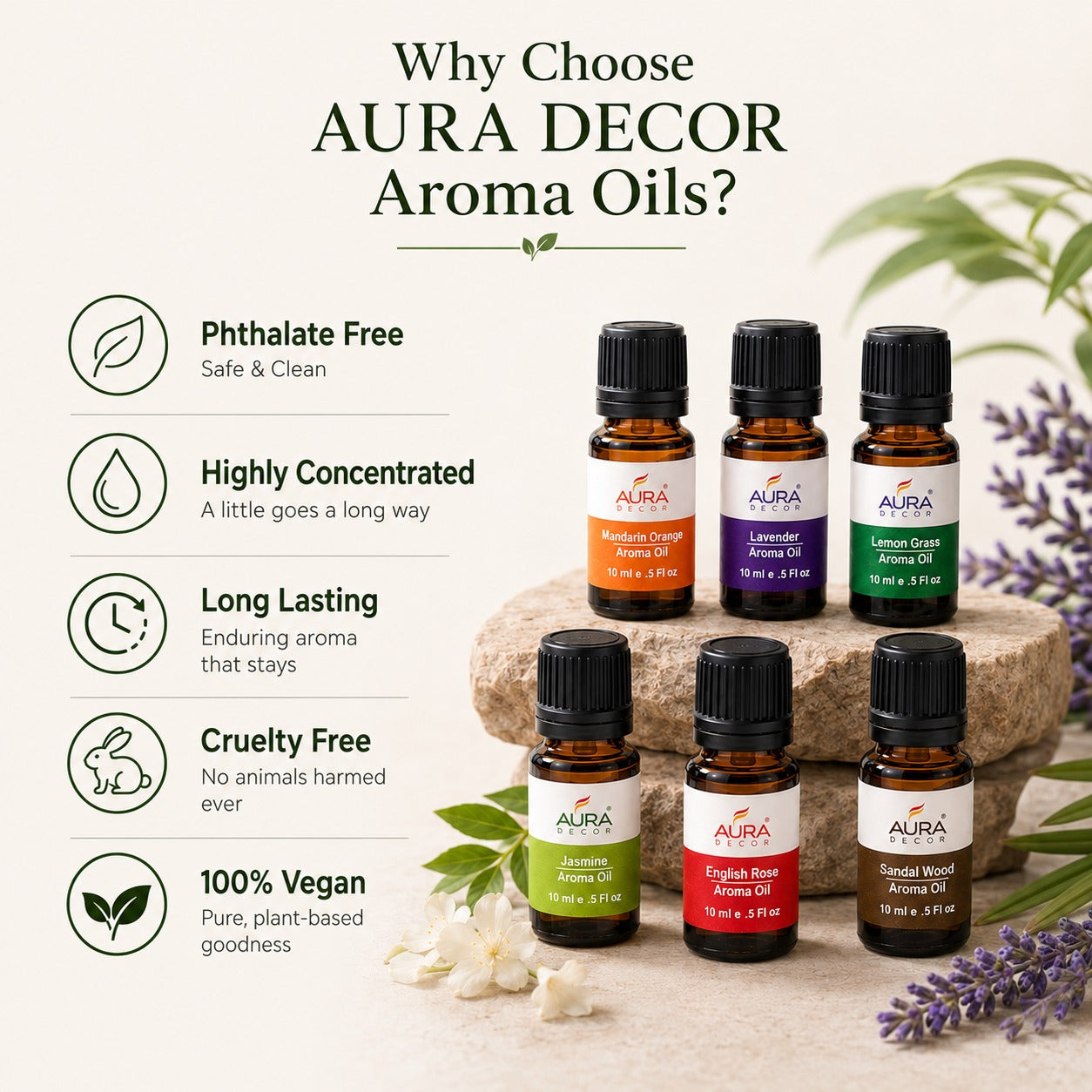 AuraDecor Set of 6 Highly Fragrance Aroma therapy Oils (10 ml Each)