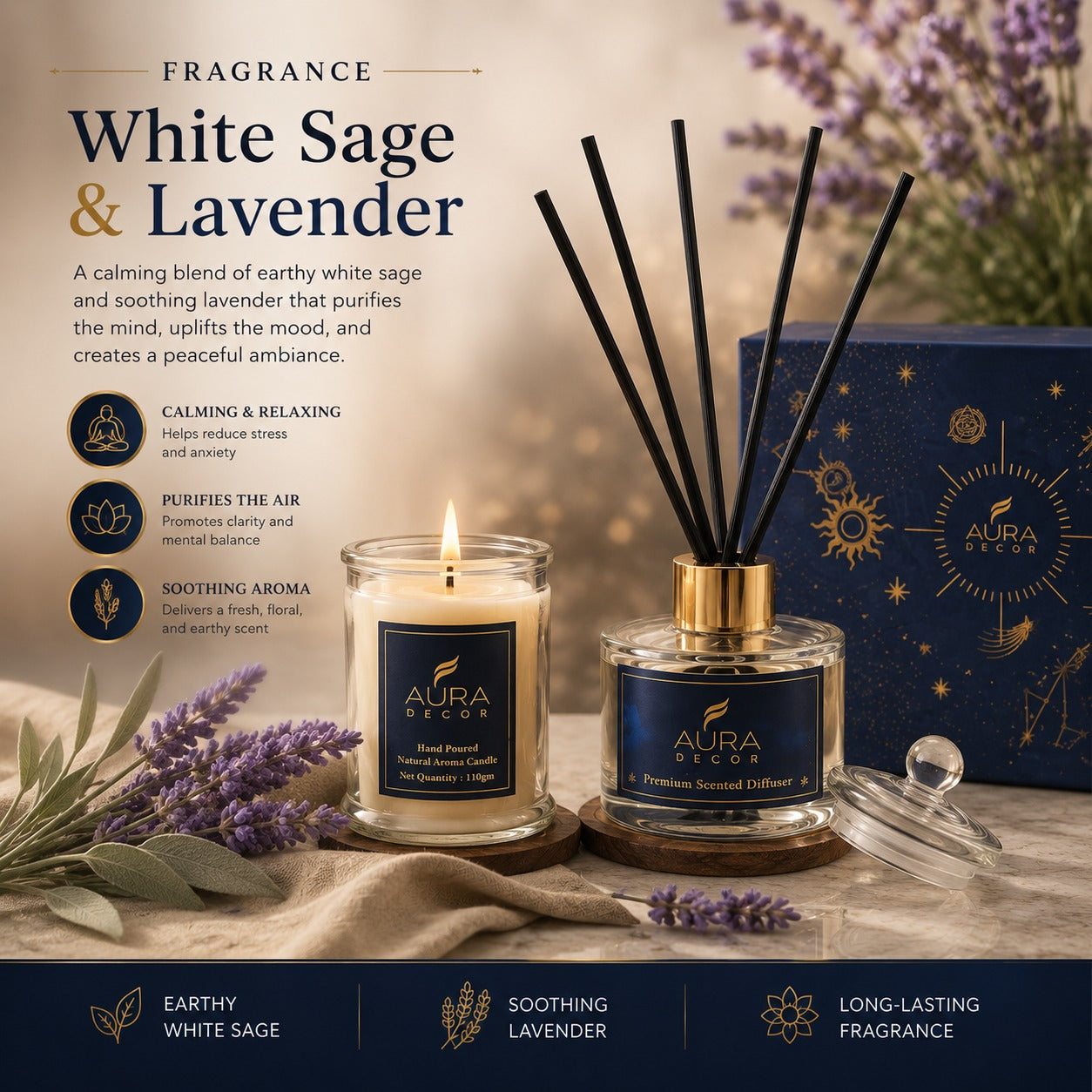 AuraDecor Blue Premium Reed Diffuser Gift Set ||Aroma Diffuser ||