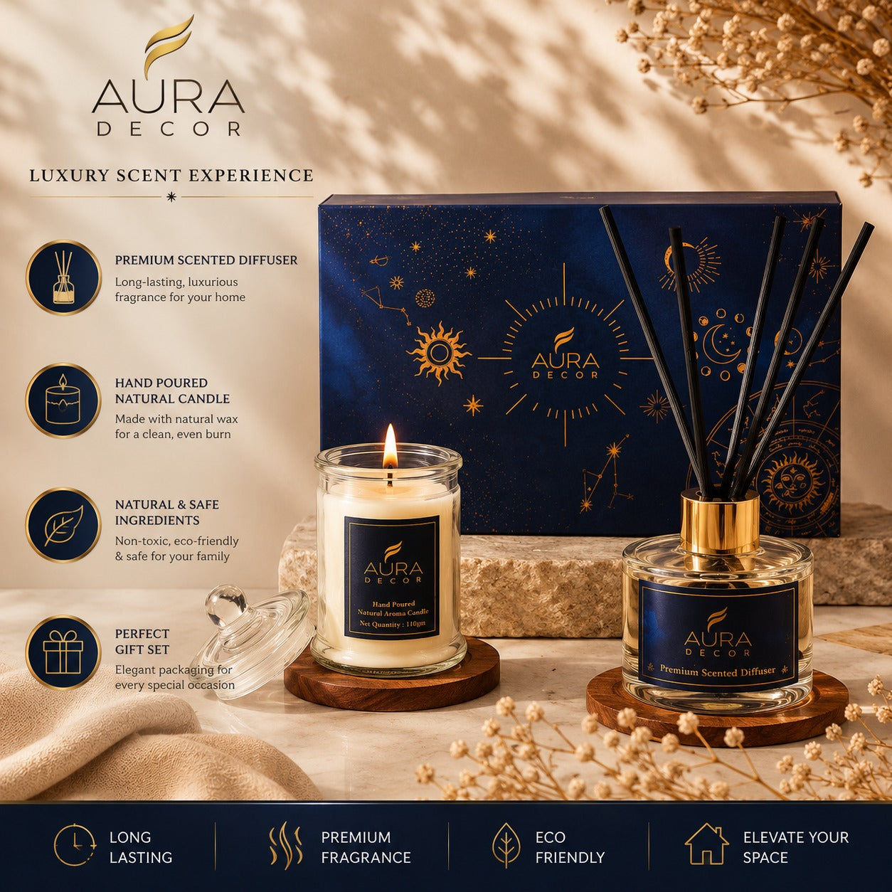 AuraDecor Blue Premium Reed Diffuser Gift Set ||Aroma Diffuser ||